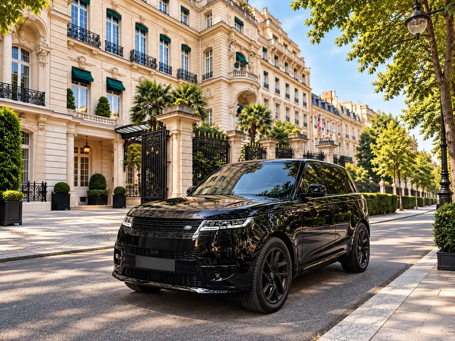 Range Rover noir devant un hôtel parisien, photographie d'illustration